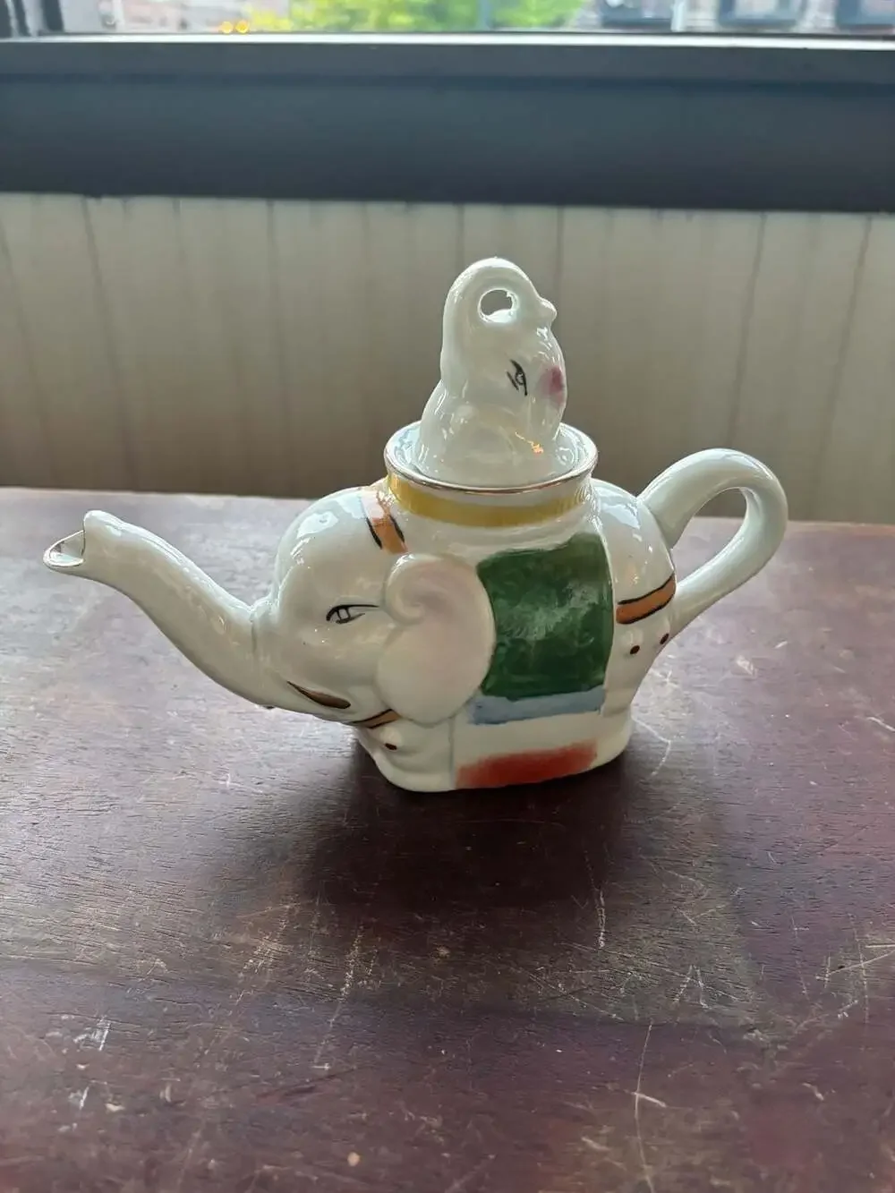 Vintage Hand-Painted Porcelain Elephant Teapot with Baby Lid Made in China